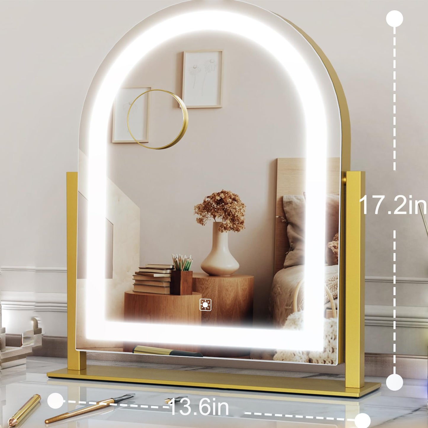 Gvnkvn Arched Makeup Vanity Mirror with Lights 17.2" Large LED Lighted Mirror, Hollywood Make Up Mirror with Lighting, Smart Touch,Detachable 5X Magnification 360° Rotation, (Gold,Gift Box)
