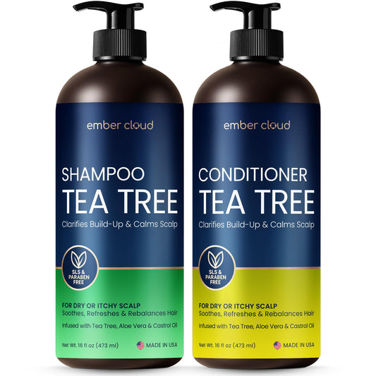Tea Tree Rosemary Shampoo and Conditioner Set with Castor Oil for All Hair Types - Effective Cleanse and Supports Scalp Health for Women & Men Paraben & Sulfate Free (16 Oz Each)