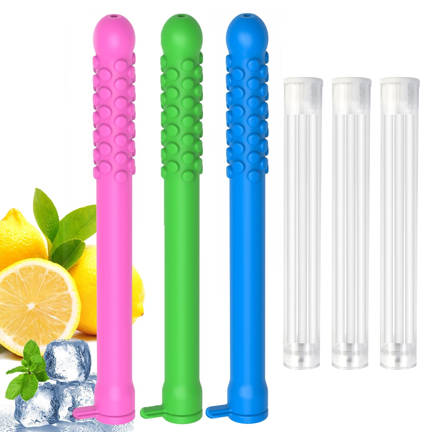 3PCS Chewable Essential Oil Breath Stick, Chewable Breather Stick for Fresh Breath, Portable Breath Freshener with 9 Replacement Cores, Chewable Essential Oil Breath Stick Travel-Friendly