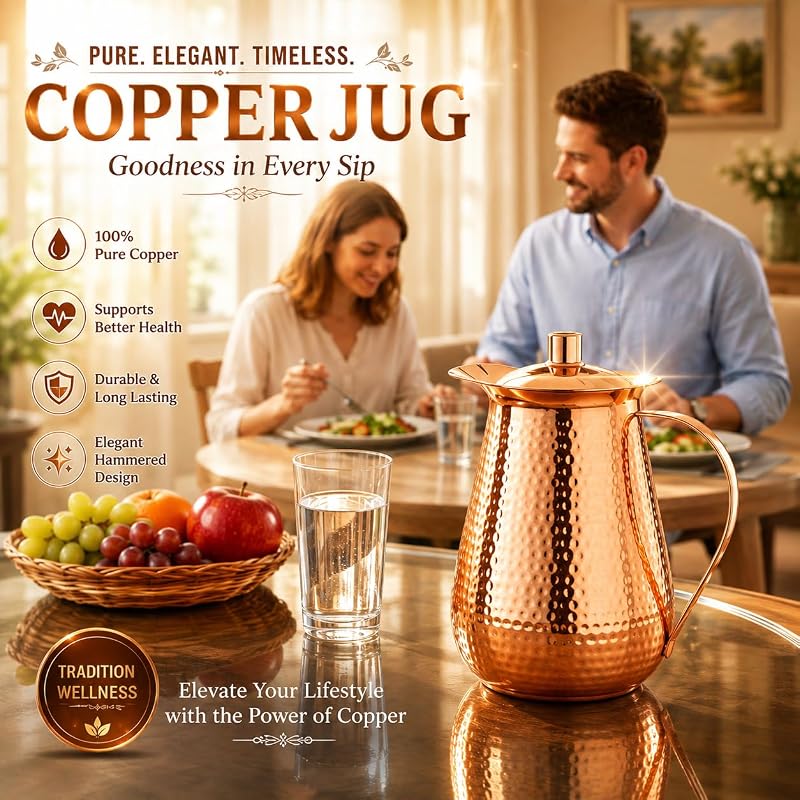70 Ounces Bold & Divine Pure Copper Pitcher with Lid – Hammered Jug for Water & Beverages