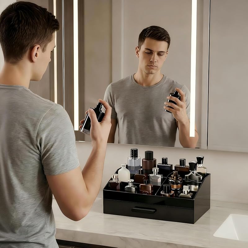 ProCase Cologne Organizer for Men - Acrylic Perfume Stand with Drawer (Black, 1 Layer)