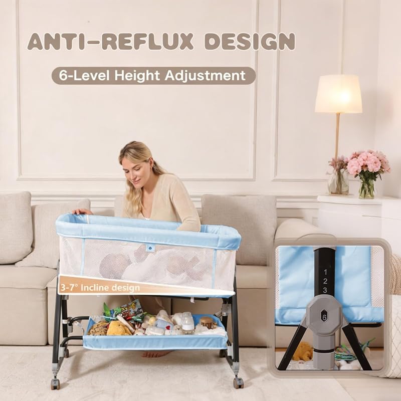 Feelogos Baby Bassinet Bedside Sleeper with Mattress, 6-Height Adjustable Co-Sleeper with Mesh, Storage - Blue