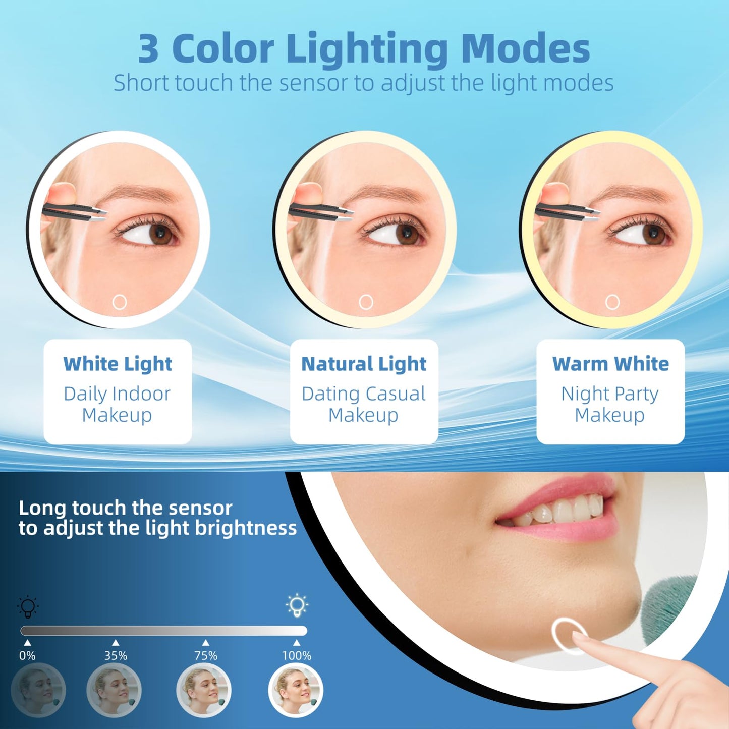 JJhxr 10X Magnifying Mirror with Lights, 10x Magnified Mirror with 3 Suction Cups, 3 Color Dimmable Lighted Makeup Magnification 6inch Travel 10X Magnification with Tweezers & Scissors