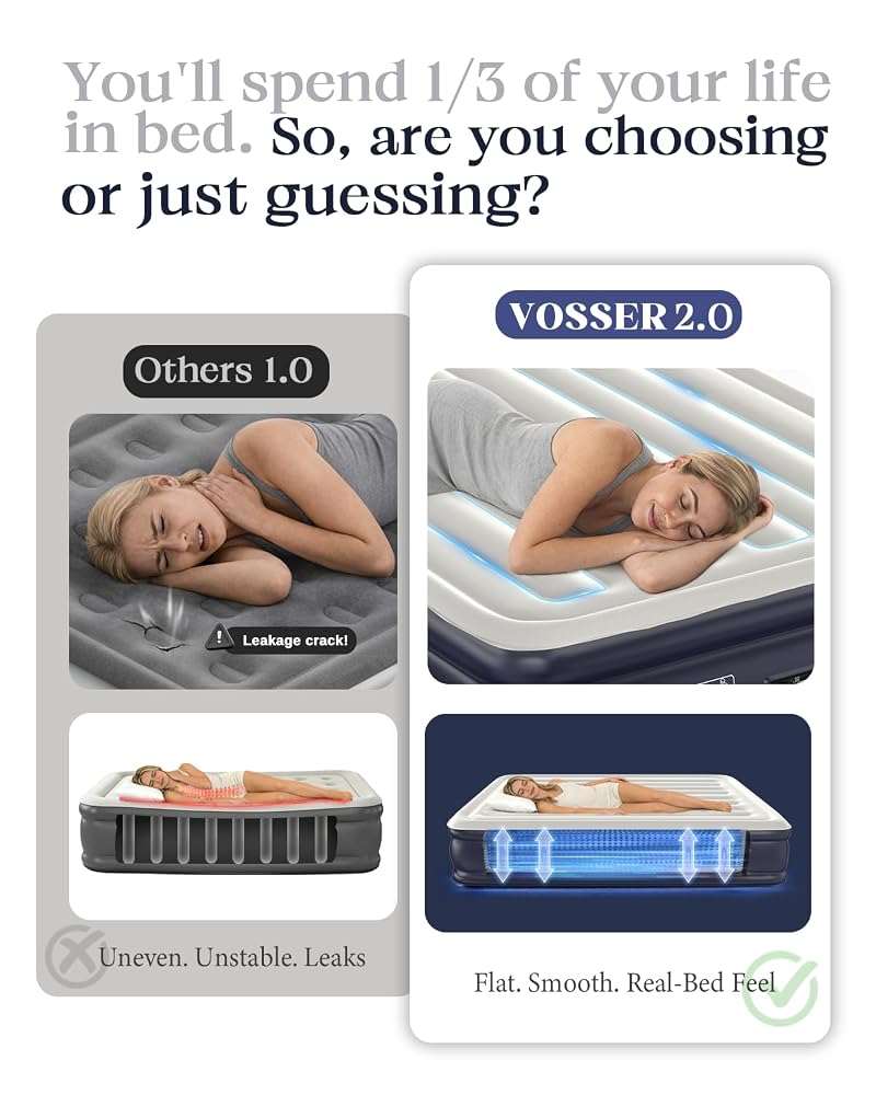 VOSSER Queen Air Mattress with Built-in Pump - 13 Inch, 800 lb cap, Blue Variation