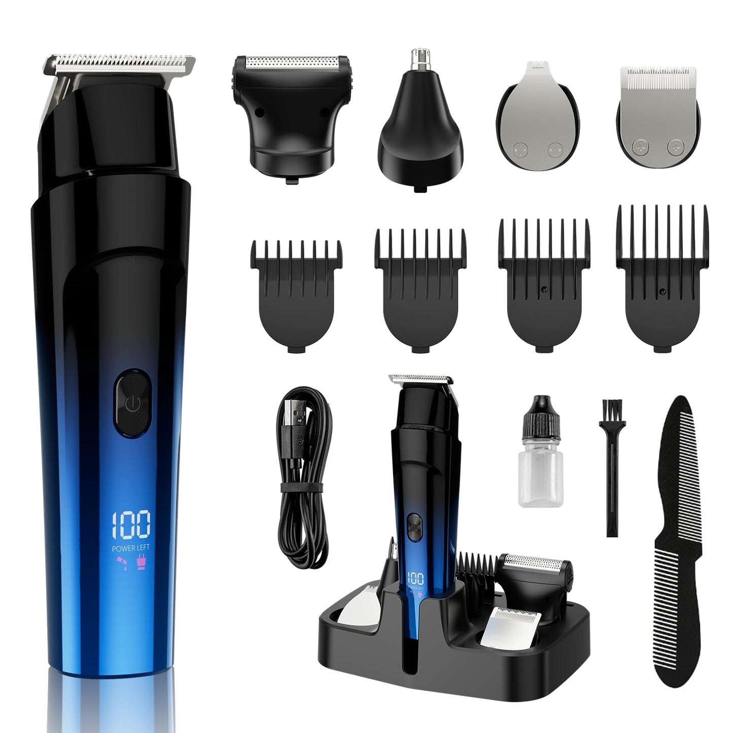 Rechargeable Men's Hair Clippers & Body Hair Trimmer Home Haircut & Grooming Set with LED Display 5 in 1 Kit Cordless Mustache Body Face Beard Trimmer for Men Waterproof Beard Shaver (Blue)