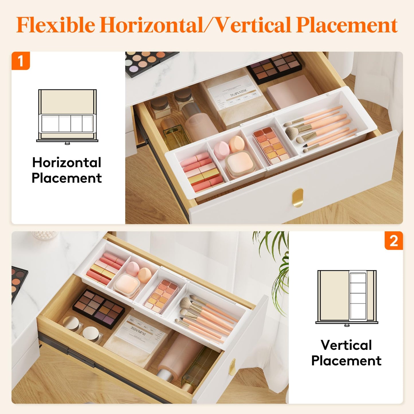 Lifewit 2 Pack Sliding Makeup Drawer Organizer Trays with Inserts, Extendable Hanging Desk Drawer Divider, 14-23" Long/1.8" High Plastic Organizer Tray in Vanity/Bathroom/Office/Kitchen, White