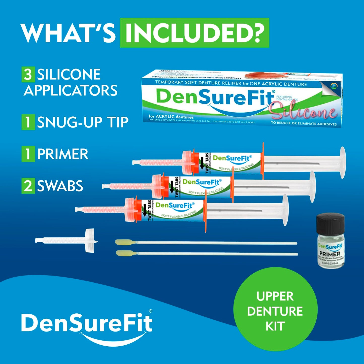 DenSureFit Upper Denture Reline Kit, Soft Silicone Denture Reliner Repair and Care Combo Kit with Extra Comfort Liner, Refit and Tighten for a Secure, Comfortable Fit