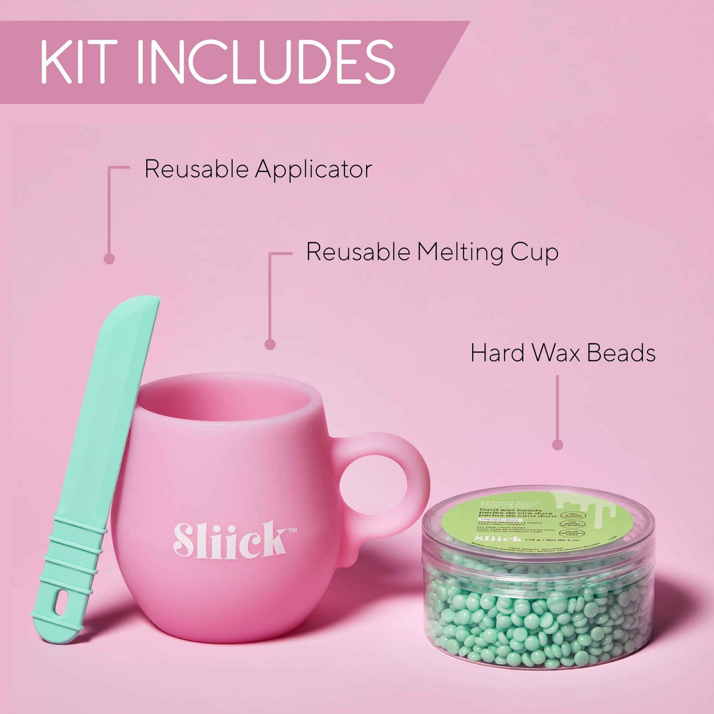 Sliick At Home Waxing Kit for Women, Pink – Coconut Melon, Hard Wax Kit for Hair Removal, Microwave Melting Cup, Applicator & Beads, At Home Wax Set