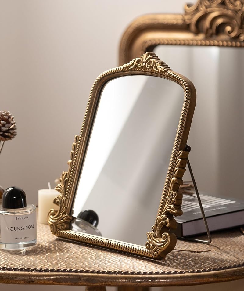 Small Gold Vintage Vanity Mirror with Wooden Frame - 11.8x9.6 Inch Tabletop Makeup Mirror