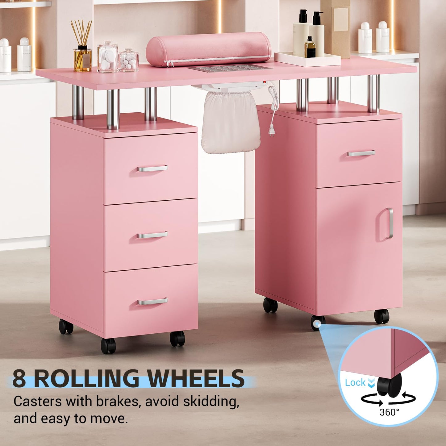 PeacefulHues Manicure Table Nail Desk, Nail Station with Electric Dust Collector, Wrist Rest and Storage Drawers Cabinet, Beauty Salon Workstation for Nail Tech, Pink