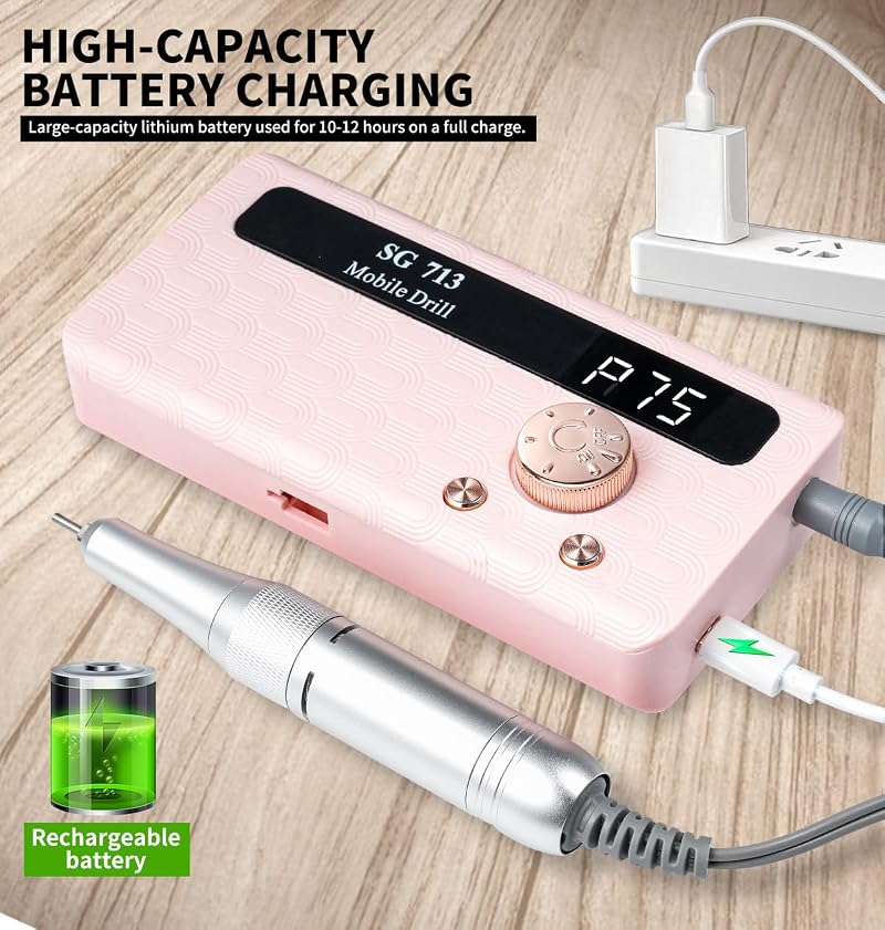 Electric Nail Drill Kit - 45000 RPM Cordless Manicure & Pedicure Set with 11 Bits & LED Display