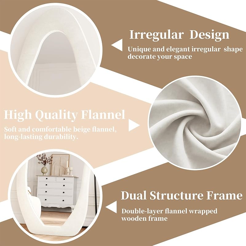 Wall Mirror 56 x 24 in - Irregular Wavy Full Length Flannel Frame (Beige, 56"L x 24"W) - FlyEcho