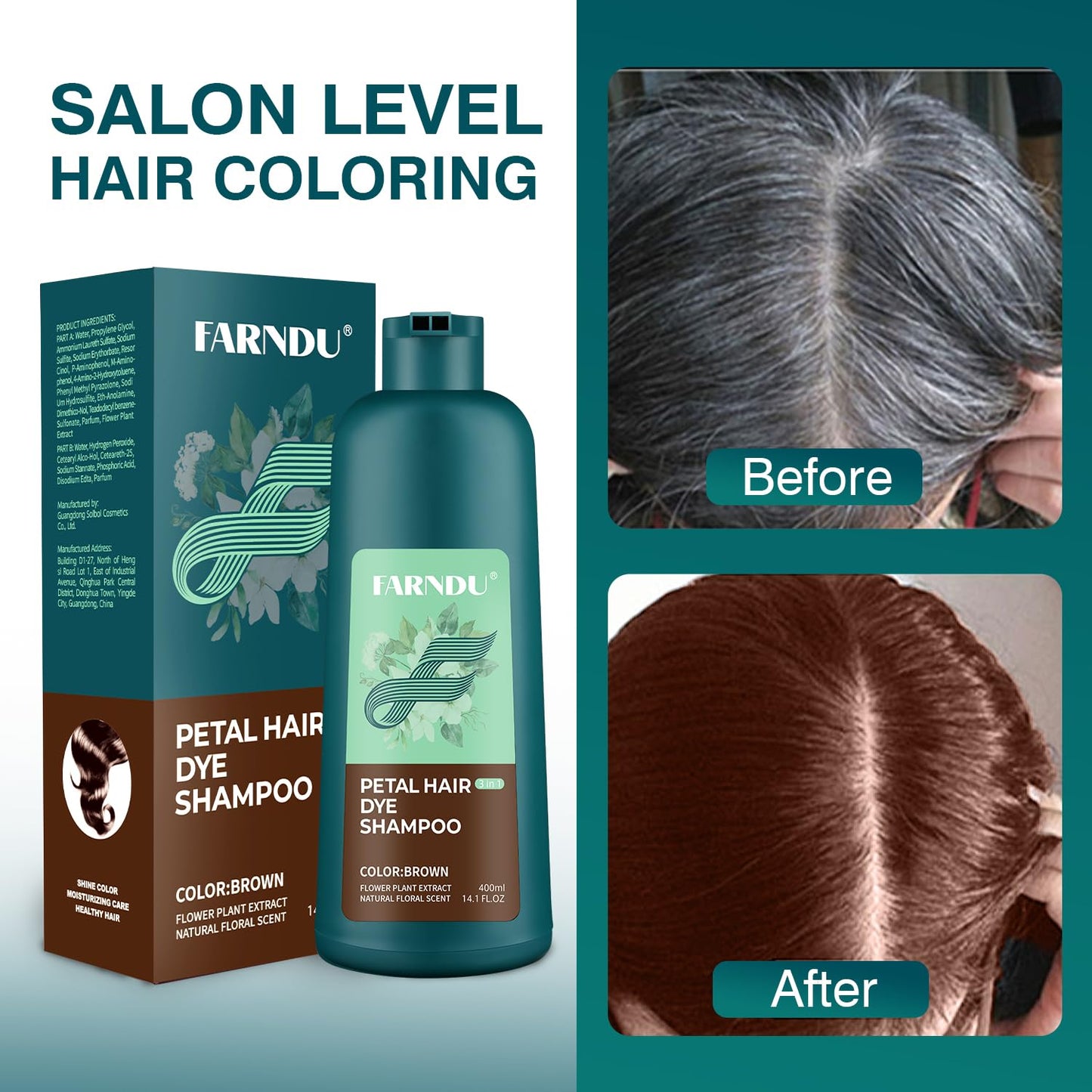 Farndu Hair Dye Shampoo for Women Men, Brown Hair Color Shampoo for Gray Hair Coverage 3 In 1 Champu Para Canas Mujer