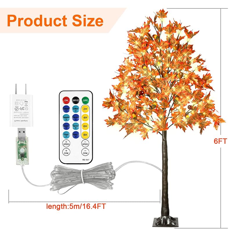 6FT 130 LED Lighted Maple Tree with 13 Branches, 260 Leaves, 13 Acorns - Remote, 8 Modes, Timer, Outdoor Autumn Decor (Variation: 6ft-130led-1pack)