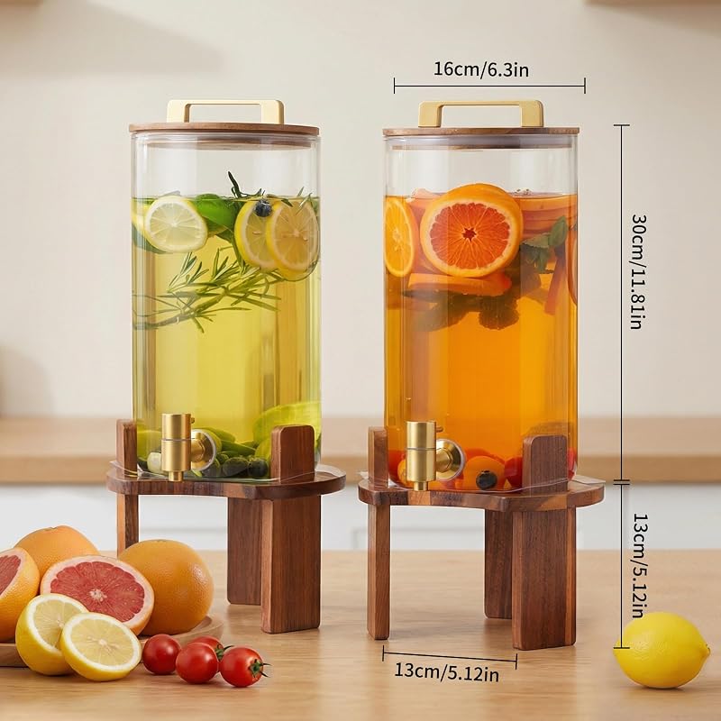 2 Pack 1.5 Gallon Glass Beverage Dispenser with Wood Stand & Stainless Spigot
