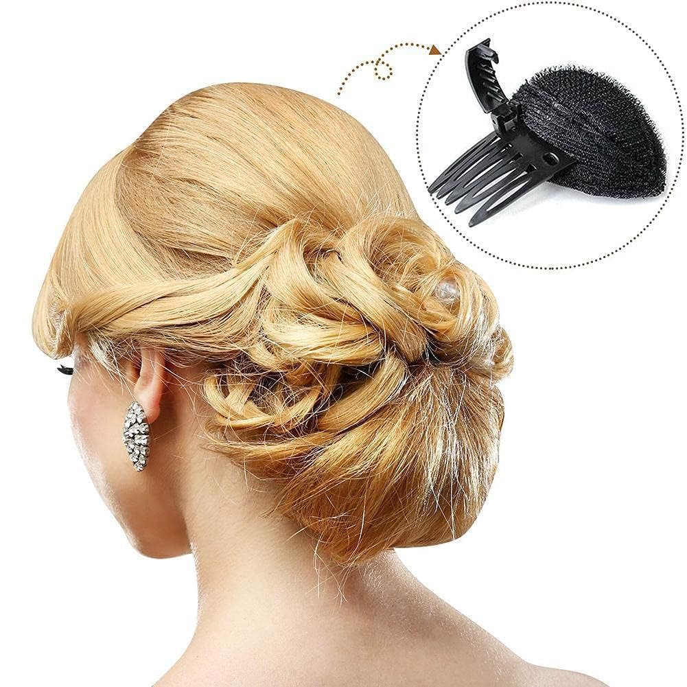 Black Puff Hair Head Cushion Hair Volume Clips Fluffy Hair Pad Sponge Clip Bun Comb Bump It Up Volume Hair Base Set for Women and Girls DIY Hairstyling Tools, Bun and Crown Shapers