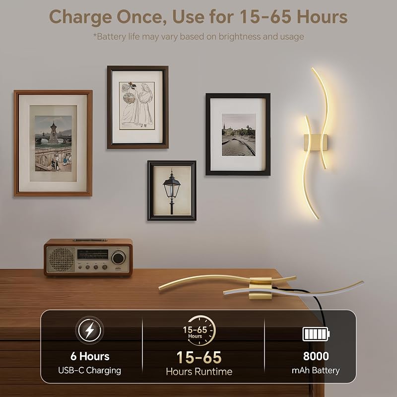 Brushed Brass Wireless Wall Sconces 2-Pack, Dimmable 3CCT, 15–65H Runtime - Arc Style