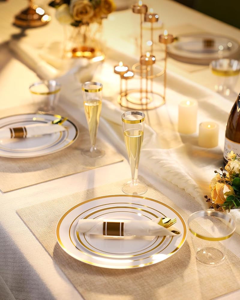 560Pcs Fancy Disposable Dinnerware Set for 70 Guests - Gold Rim Plates, Cups, Napkins & Glassware (Variation: Gold+560 Pcs)