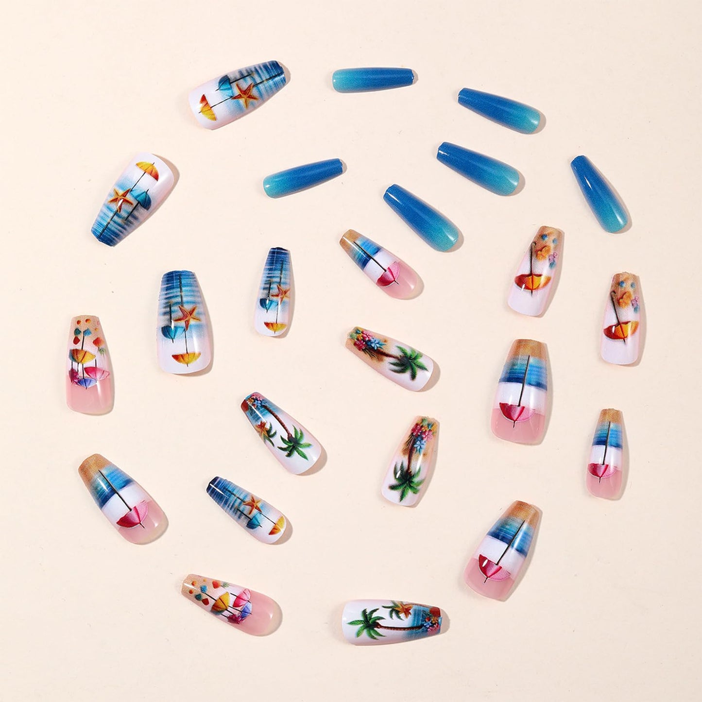 Summer Beach Press on Nails Sea Stars Stick on Nail Ocean Acrylic Full Cover Fake Nails 24Pcs Glossy Colorful Medium Coffin False Nail Coconut Tree Gel Glue on Fingernails for Holiday Manicure Art