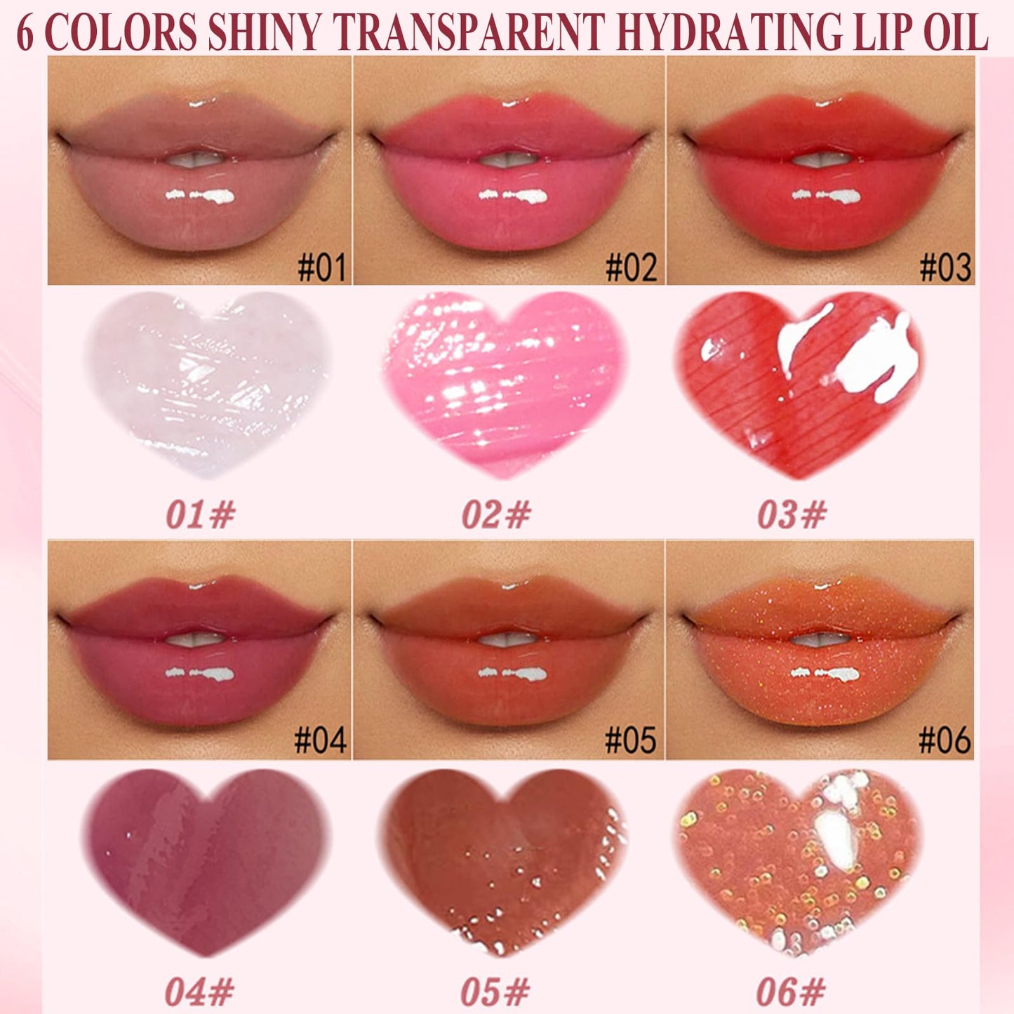Yeuxtty 6PCS Fat Oil Lip Gloss,Big Brush Head Hydrating Transparent Lip Glow Oil for Women Moisturizing Tinted Lip Plumper Gloss