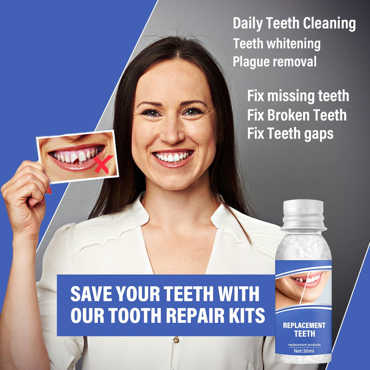 Tooth Repair Kit, Safe and Effective Fake Teeth Replacement, for Fixing Missing & Broken Teeth Replacement, Smile Confidently with 30ml Tooth Beads + 4 Dental Tools