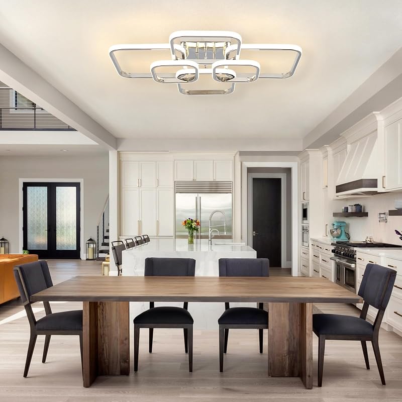 Sovinzert 31.5-Inch Modern LED Ceiling Light, 6-Square Dimmable with Remote, 3000K-6000K, Chrome Close-To-Ceiling Flush Mount, 60W - Chrome+6Rings