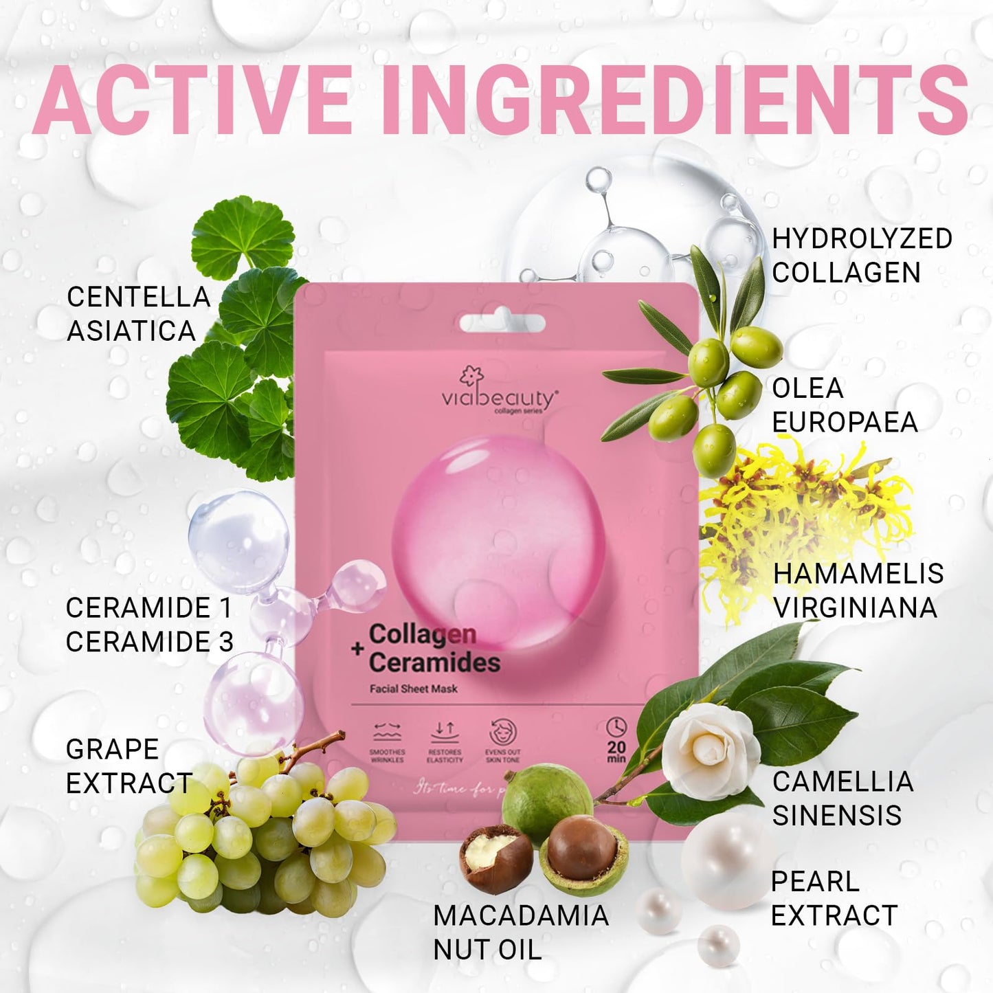 VIABEAUTY 24 Pack of Collagen Face Mask with Ceramides - Rejuvenating Facial Sheet Mask, Fine Lines & Reduce Wrinkles - Face Masks Skincare Moisturizing Collagen Mask for All Skin Types