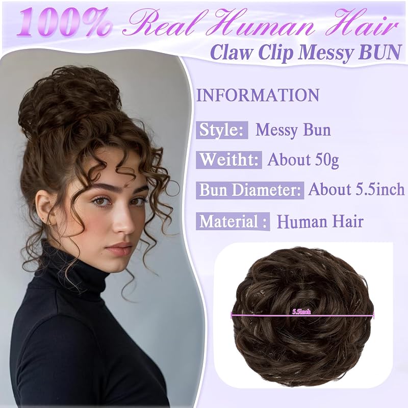 Light Brown Real Human Hair Messy Bun with Claw Clip - 100% Natural Texture