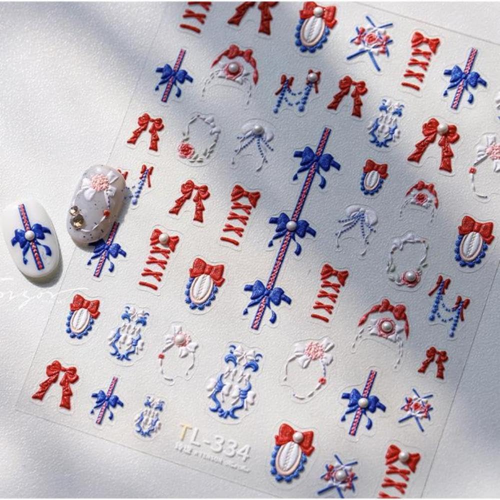 Red Blue Nail Stickers Bow Nail Art Decals Cartoon Nail Sticker for Nails Art Self Adhesive 5D Embossed with Pearl Design Manicure Supply Decoration Accessories for Women Girls Kid