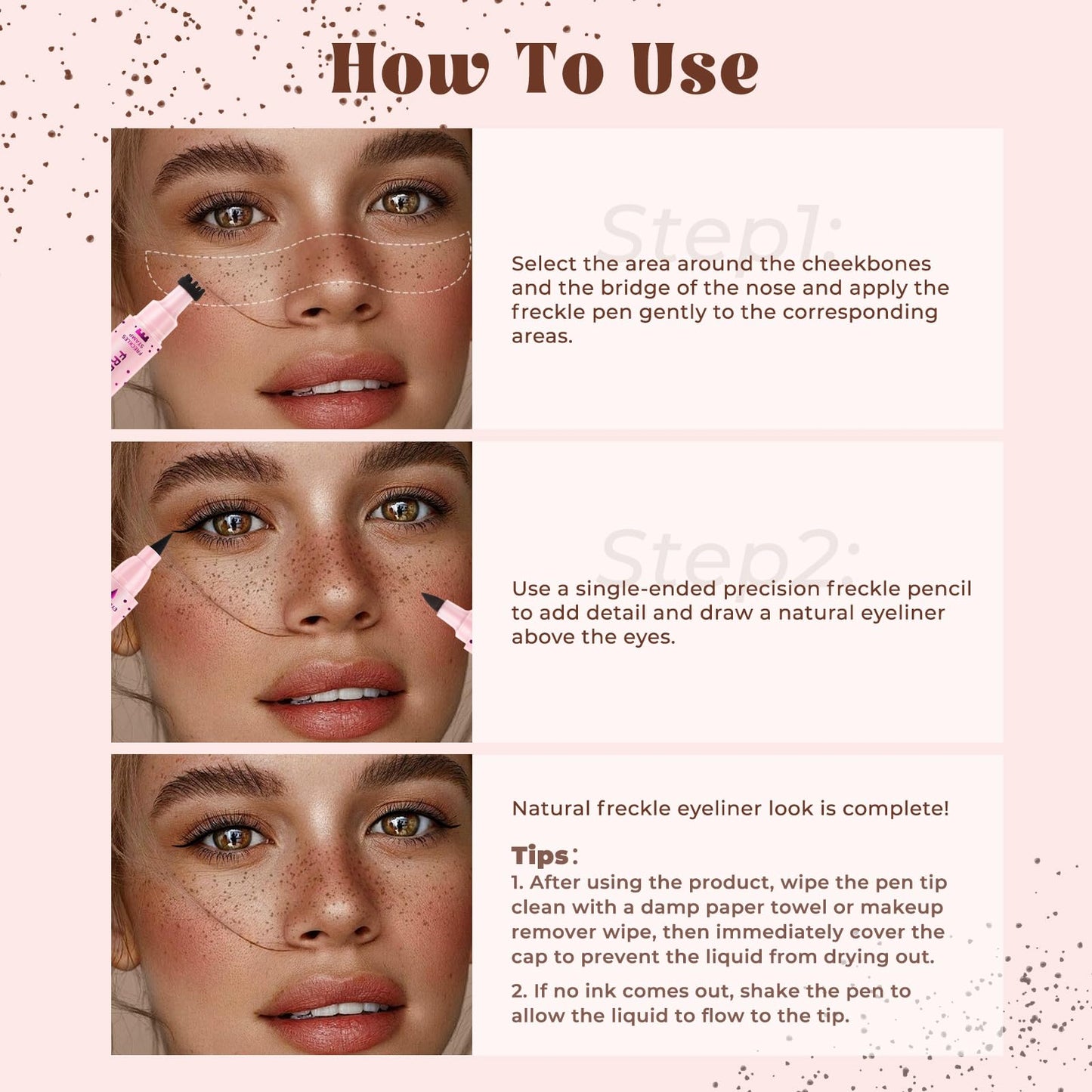 HOSAILY 2pcs Light Brown Freckle Stamp Makeup Pen, Quick Dry Faux Freckles Black Liquid Eyeliner Pen Set, Natural Lifelike Waterproof Fake Freckle Stain Marker Pencil Face Decoration Sunkissed Makeup