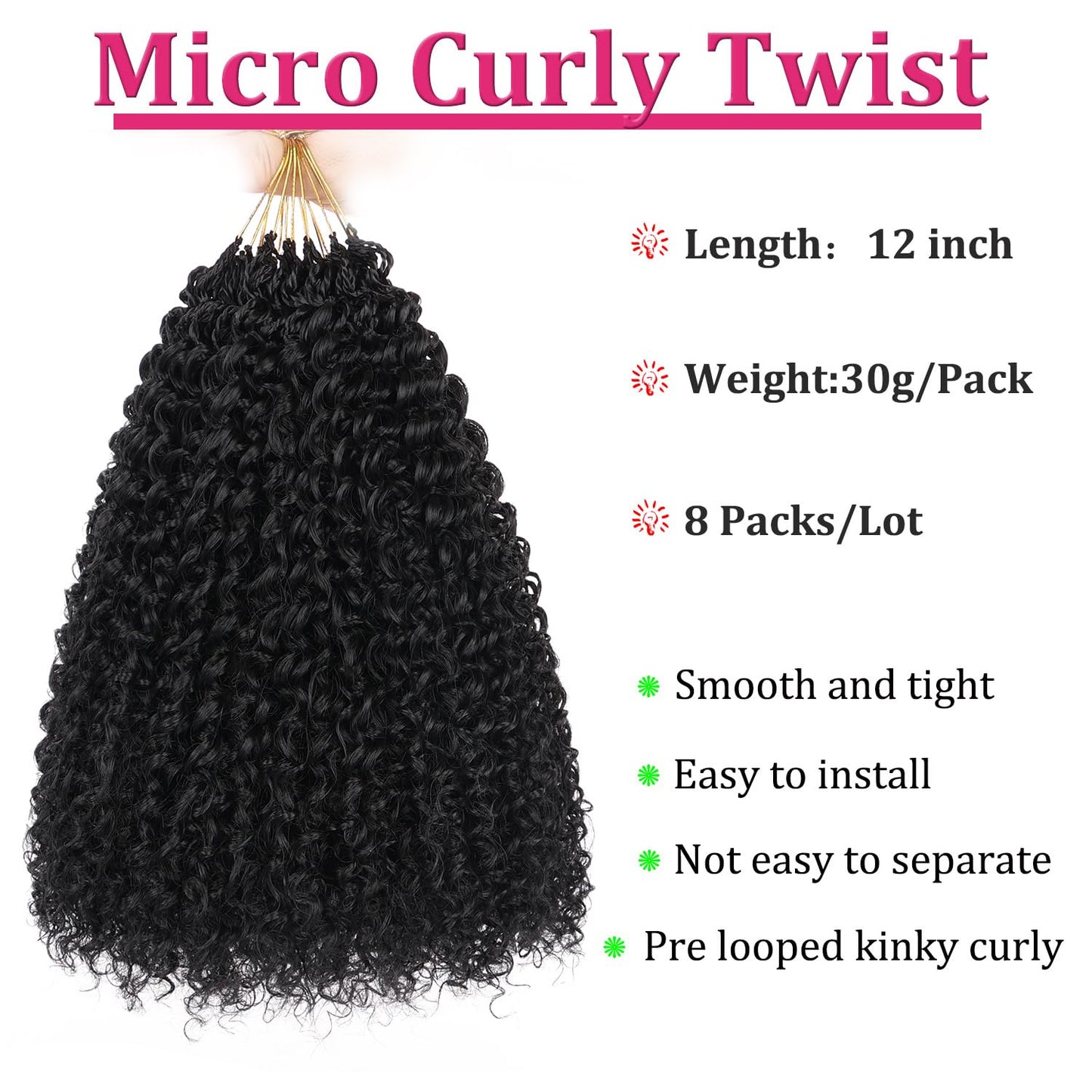 Leeven Pre Looped Micro Kinky Curly crochet Hair 12 Inch 8 Packs Black Micro Curly Braiding Hair For Mini Passion Twist (1B#)