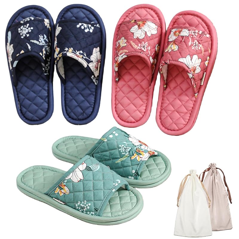 3 Pairs Floral Cotton Slippers for Women - Open Toe Indoor Spa Guests Travel (Variation: Solid Color Flower+7-8.5)