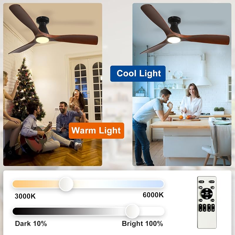 Depuley 52-Inch Walnut LED Ceiling Fan with Light - Remote, Dimmable, 6 Speeds, Sleep Timer