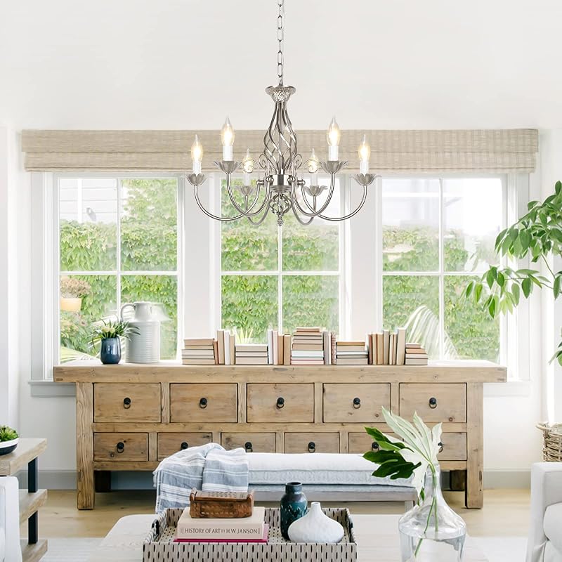 VerRon 6-Light Farmhouse Candle Chandelier - Brushed Nickel + 22" Chain