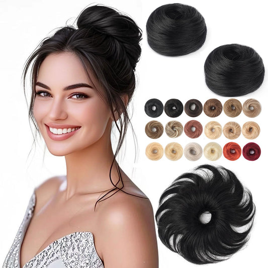 Fullart Messy Bun Hair Piece Human Hair #1 Jet Black 2 Count Wavy Tousled Smooth Stretchy Fluffy Donut Updo Elastic Rubber Band Human Hair Bun Extension Chignons Scrunchies