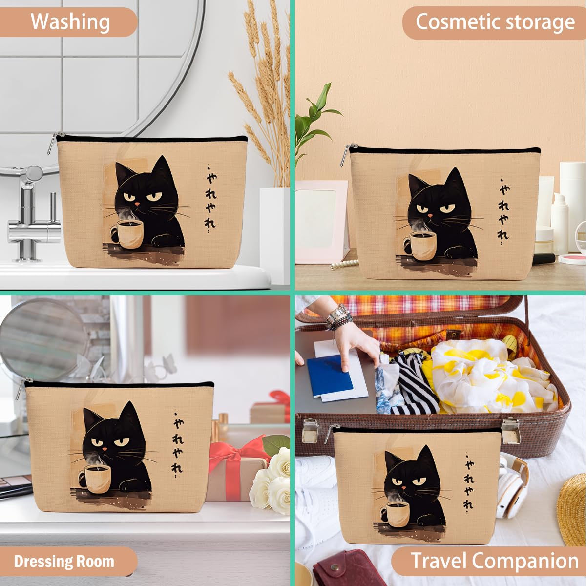 Cat Makeup Bag, Cat Gifts Cosmetic Bags, Aesthetic Design Canvas Zipper Organizer Pouch Cute Roomy Portable Toiletry Bag Cats Themed Gifts for Girls Women Travel Storage Accessories Cats