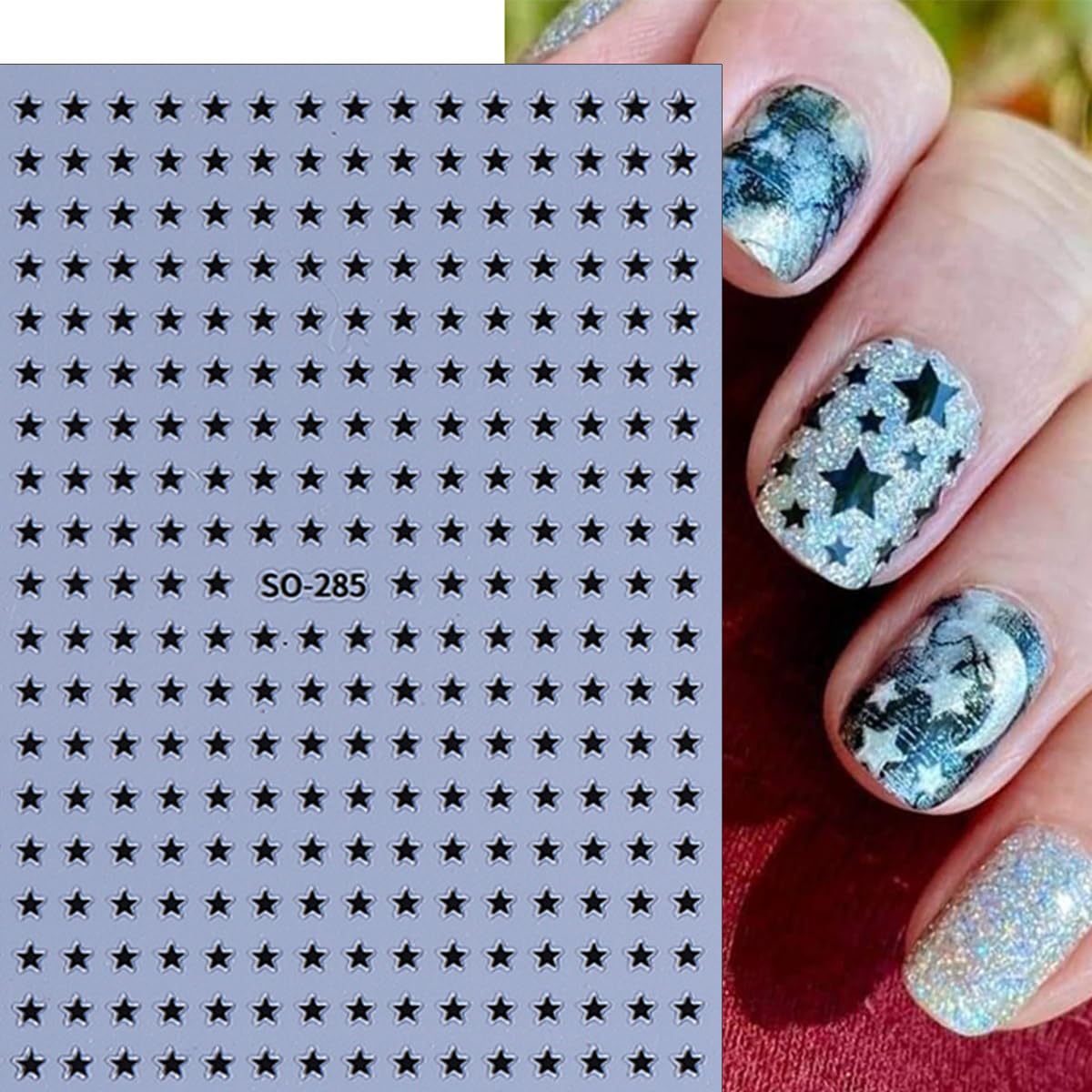 6 Sheets Star Nail Stickers 3D Glitter Stars Nail Art Decals Self-Adhesive Black White Silver Laser Purple Red Star Nails Design Supplies Independence Day Stars Stickers for DIY Acrylic Manicure Tips