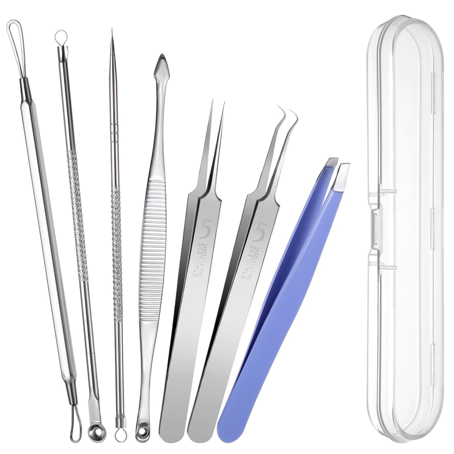 Wanmu 7Pcs Blackhead Remover Tool Comedone Extractor, Stainless Steel Acne Removal Kit, Pimple Popper Tool with Case for Nose Face Skin, Blemish, Whitehead Popping, Zit Removing