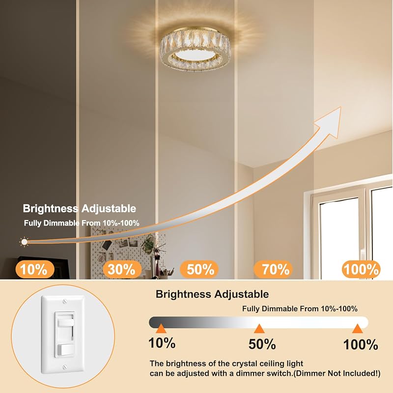 Gold 11 Inch Dimmable Crystal Flush Mount Ceiling Light Fixture