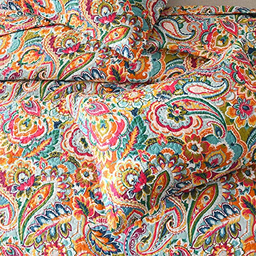 King Size Reversible Cotton Quilt Set with Floral Paisley Pattern - Yellow & Red Variation