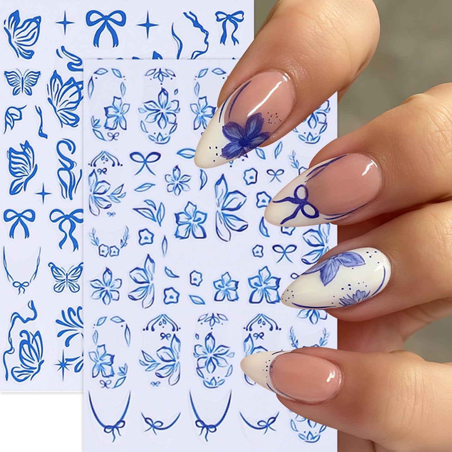 8Sheets Flower Nail Stickers for Nail Art Blue Bow French Line Nail Decals 3D Self-Adhesive Butterfly Leaf Floral Designs Nail Supplies Manicure Accessories for Spring Summer DIY Nails Art Decoration