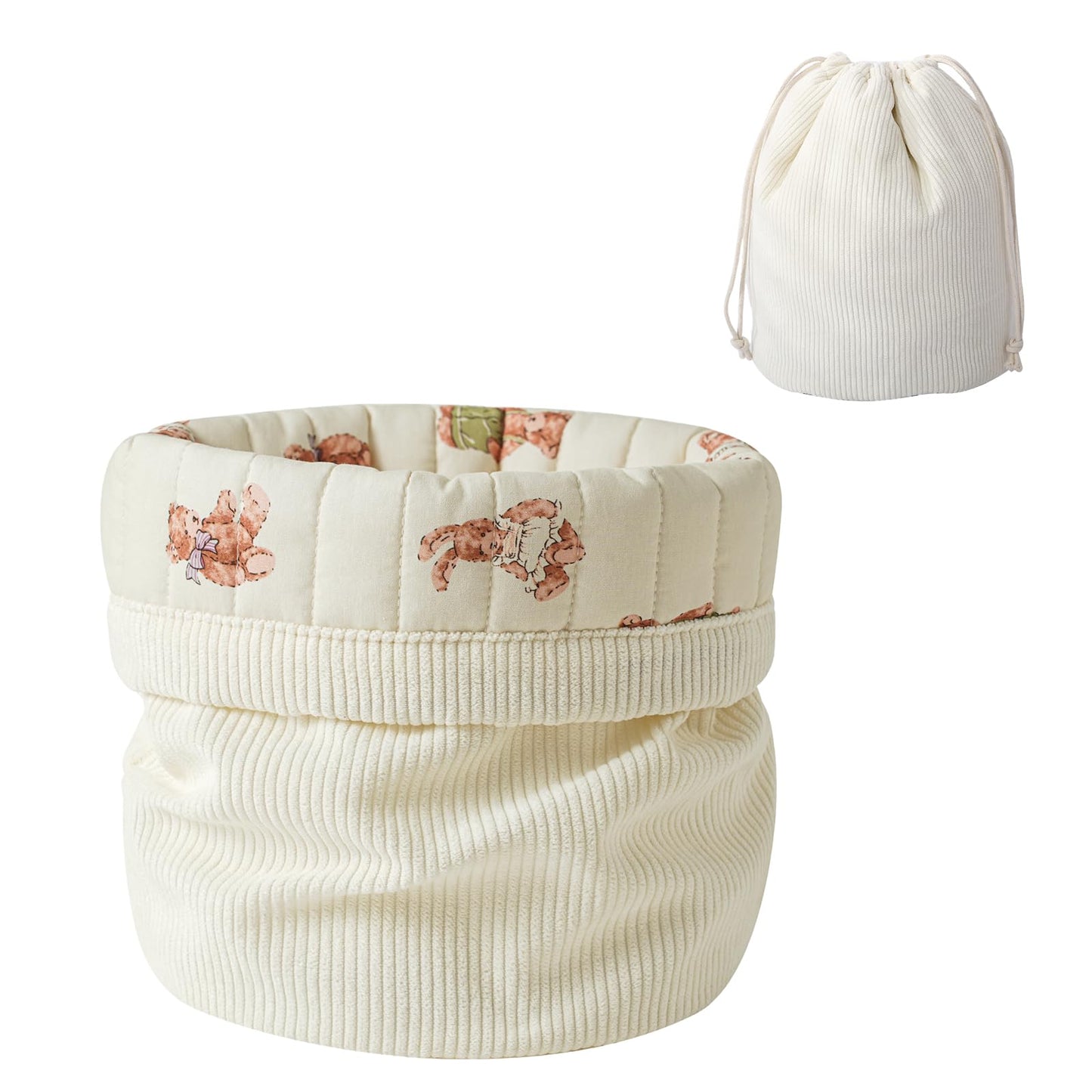 RSRSLEII Aesthetic Corduroy Drawstring Makeup Bag with Quilted Lining, Coquette Quilted Cotton Cosmetic Bag, Portable Travel Organized Toiletry Bag for Women Girls（05White Rabbit Bear）