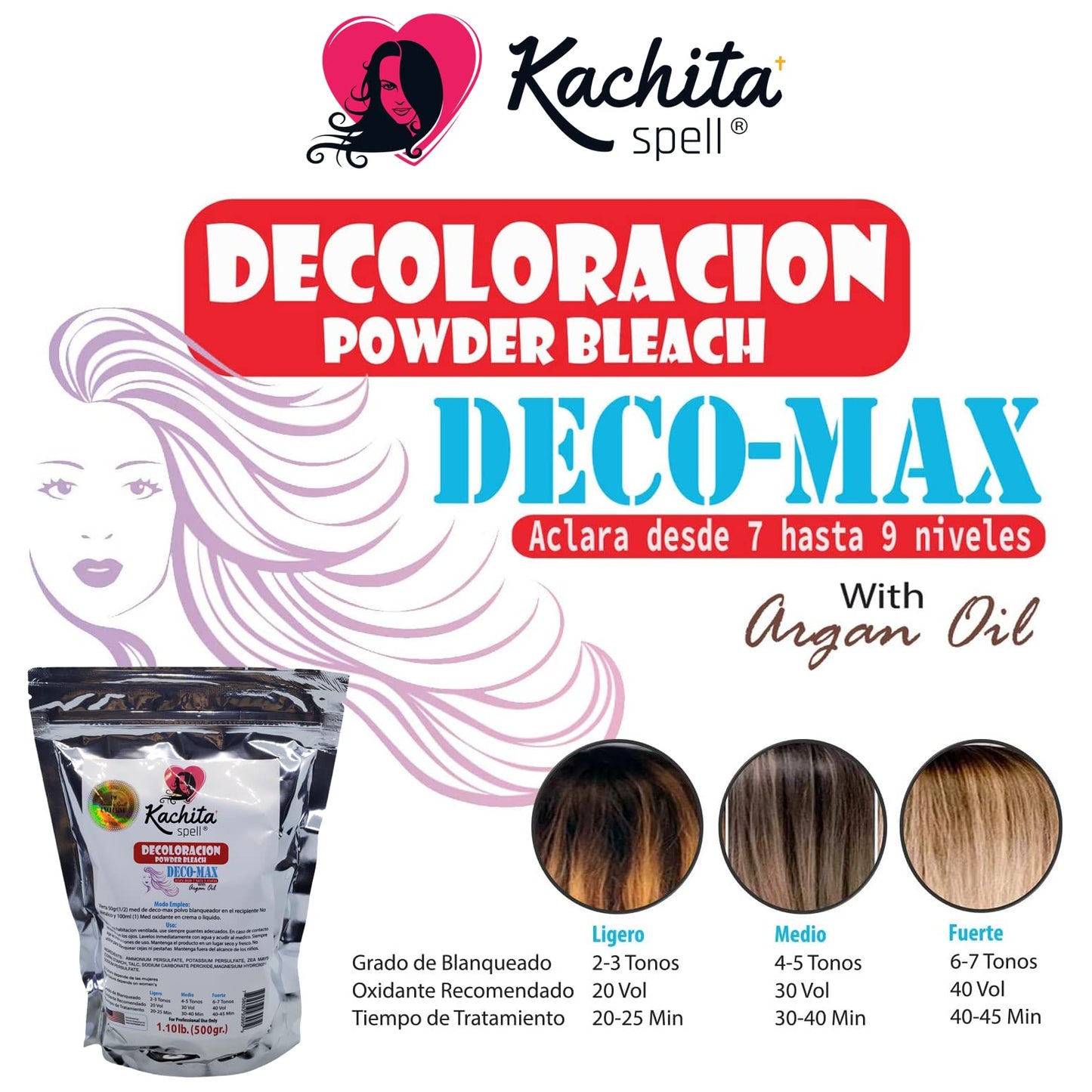 Kachita Spell Superior Hair Powder Lightener, Discolorations, Balayage and Highlights Blue Deco-Max Extra Strength Decoloracion Dust-Free, Non-Drip 1.10 Lb (500 gr) Made in USA