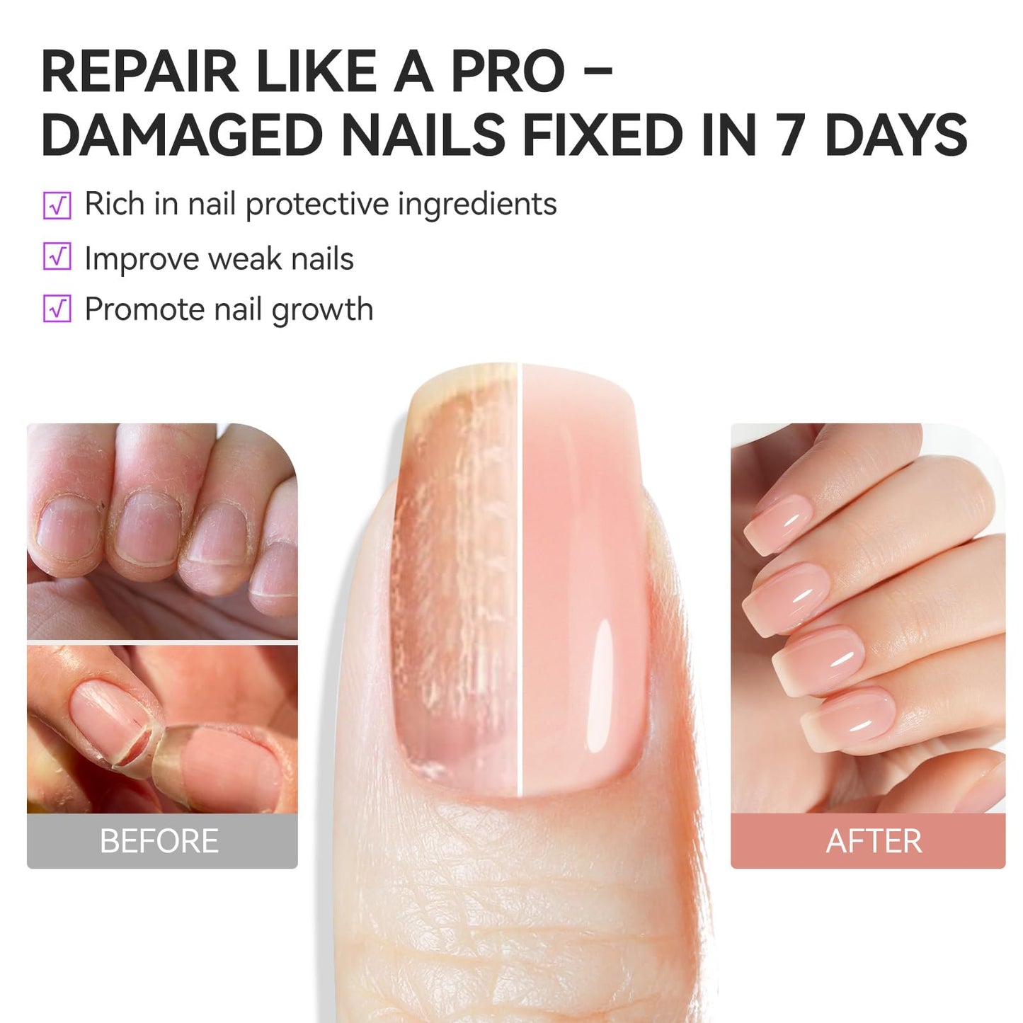 gelike ec Protein Nail Strengthener and Growth Polish: Nude Blush 15ml 6 in 1 Natural Nail Hardener Extra Strong and Growth - Nail Polish Hardener for Weak and Damaged Nails