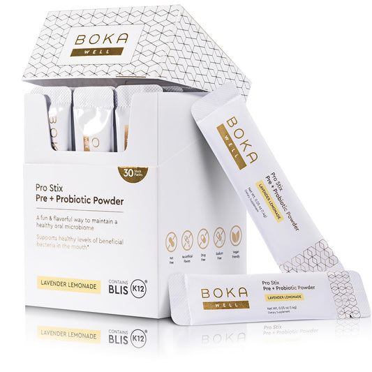 Boka Pro Stix Oral Probiotics for Mouth Bad Breath - 30ct Dental Probiotics Powder, Oral Health Pre + Probiotics for Teeth and Gums, BLIS K12 Oral Probiotic for Healthy Gum Health, Lemonade Lavender