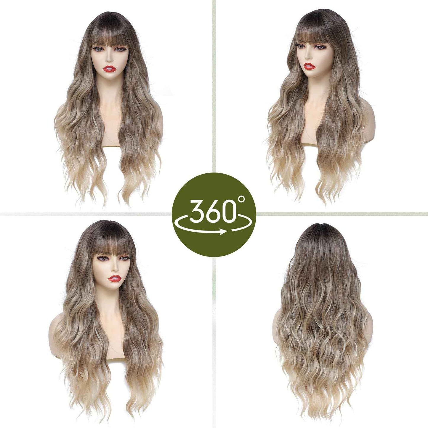 Long Ombre Blonde Wavy Wig With Bangs for Women 26 Inch Curly Wavy Wig With Bangs Natural Looking Synthetic Heat Resistant Fiber Wig for Daily Party Use