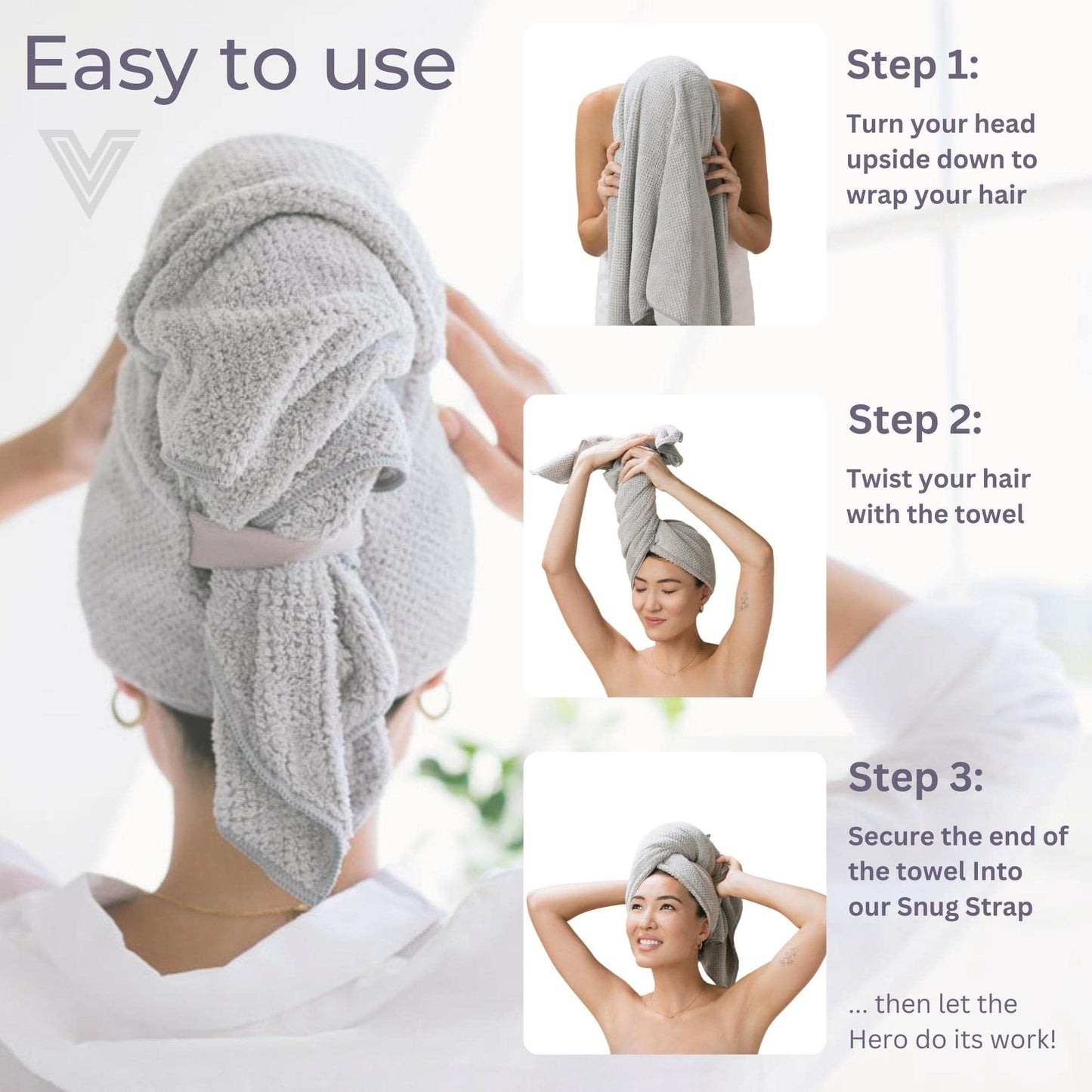 VOLO Super Hero XL Luna Gray Hair Towel | Ultra Soft, Super Absorbent, Quick Drying Nanoweave Fabric | Reduce Dry Time by 50% | Towel Wrap for Long, Thick Hair | Anti Frizz & Breakage | Microfiber