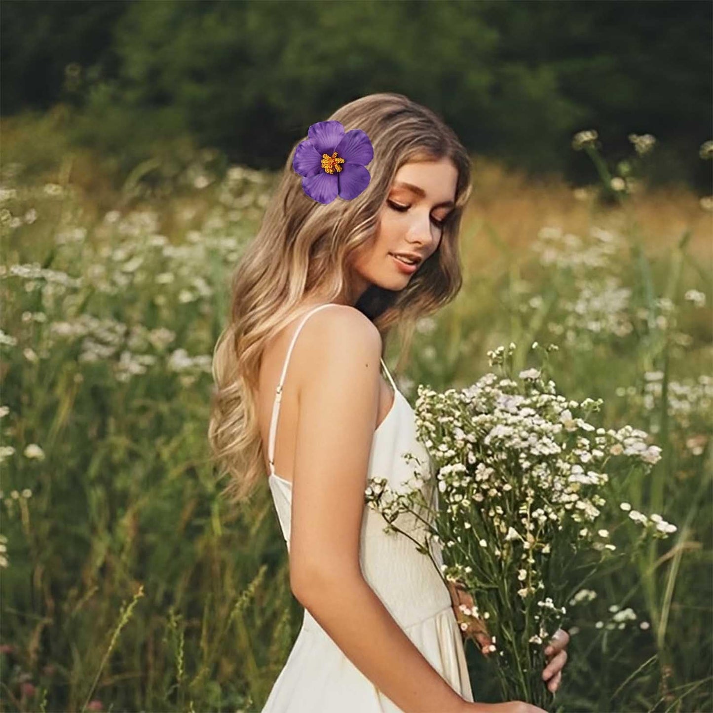 SOFISO 3Pcs Hawaiian Flower Hair Clips for Women 3.5 Inch Artificial Flower Clips Plumeria Hibiscus Hair Clip Beach Vacation Party Boho Hair Accessories for Women Girls(Red Purple and Rose Red)