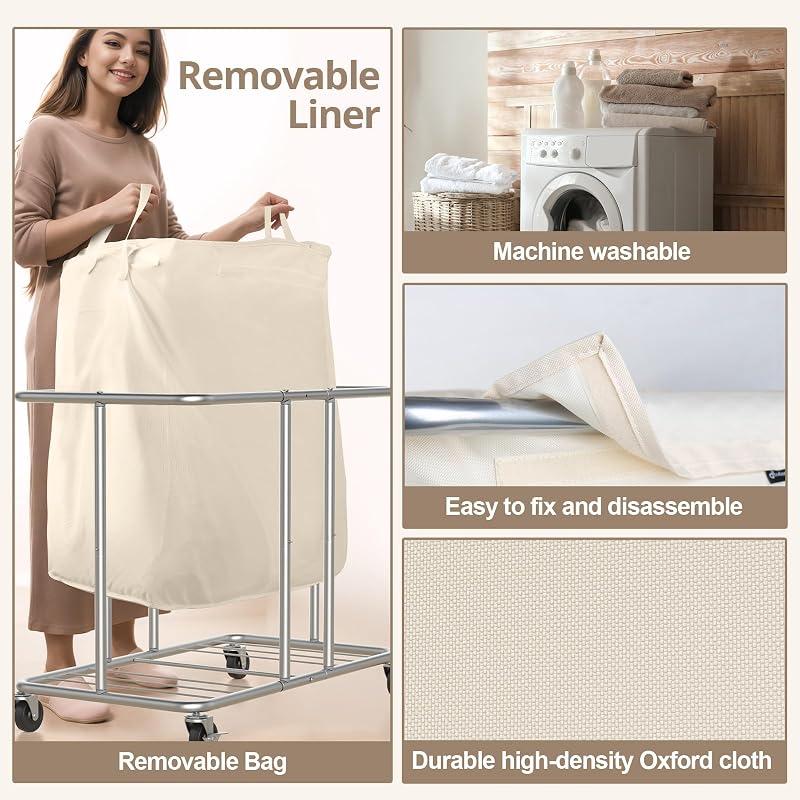 2-Section Rolling Laundry Hamper with Wheels, Beige 31.5" x 15.75" x 30.7"