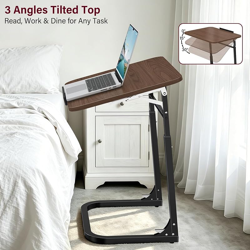 Walnut Wood Laptop Tray Table with Adjustable Height & Tilt, Foldable End Sofa Desk—Variation Walnut Wood+Flat